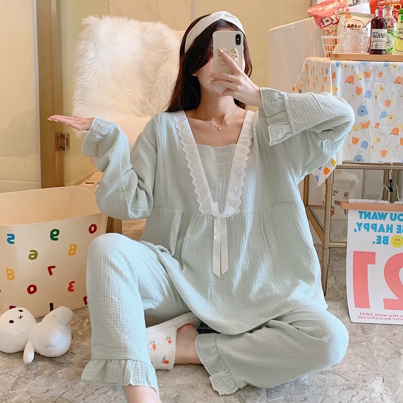 

Summer Cotton Crepe Gauze Maternity Nursing Sleepwear Sets Lace V neck Feeding Pajamas Suits Postpartum Mother Home Lounge Wear