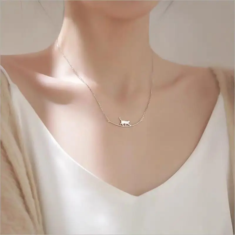 

S925 Silver Cute Animal Walking Cat Necklace for Women Curved Simple Jewelry Clavicle Chain Necklaces
