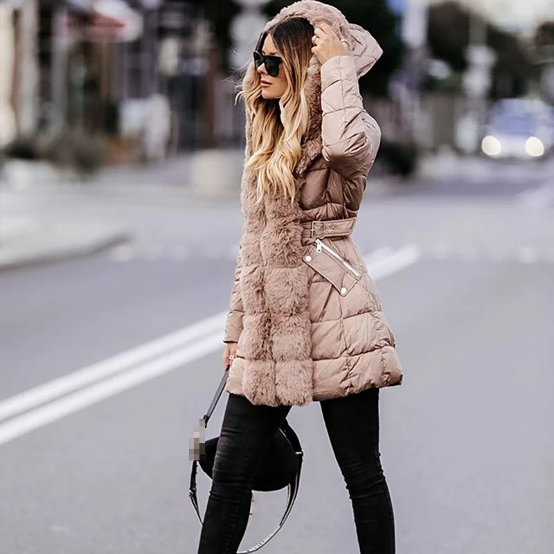

Malina Faux Fur Hooded Parkas Women Fashion Collected Waisted Coats Women Elegant Mid Length Cotton Jackets Female Ladies JP