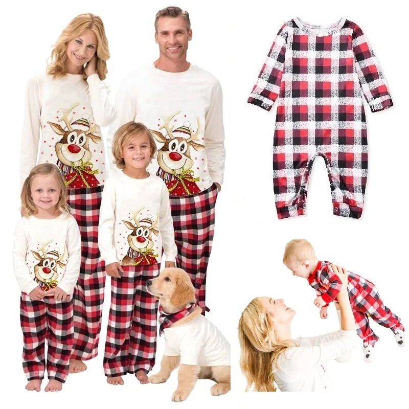 

2021 Christmas Deer Pajamas Sets Family Matching Outfits Plaid Father Mother Kids Baby & Dog Xmas Sleepwear Mommy and Me Clothes
