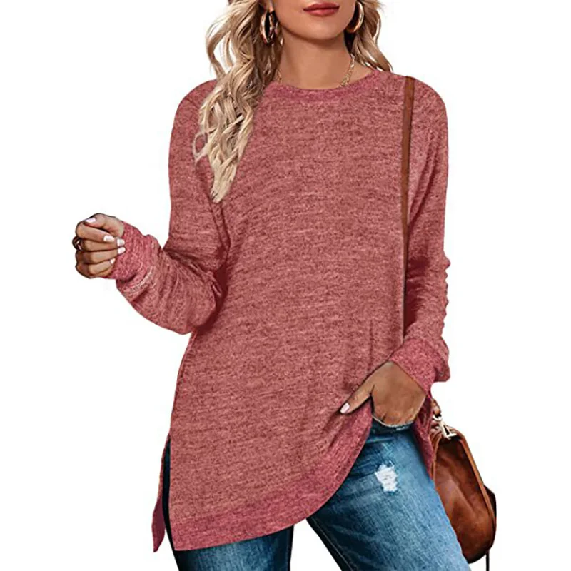 

Women Sweatshirt Loose Color Combination Autumn/Winter Urban Casual Round Neck Long Sleeve Long Slit Pullover T-Shirt Top