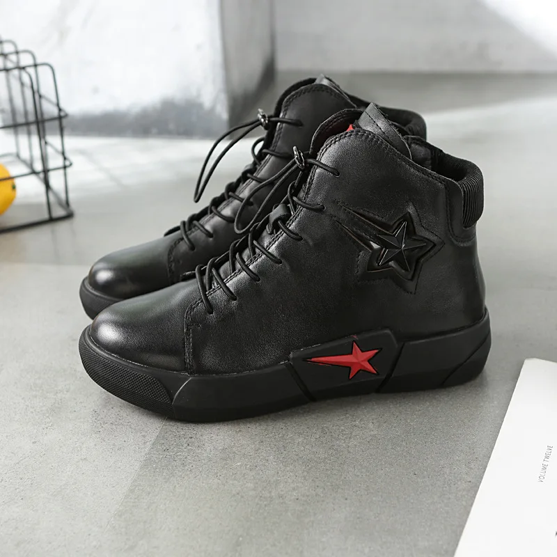 Женские высокие кроссовки на платформе SWONCO черные повседневные из натуральной