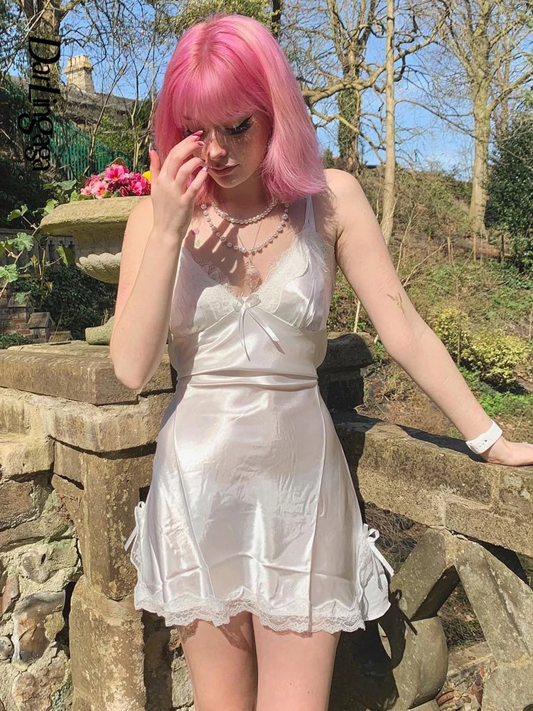 

Darlingaga Spaghetti Strap V Neck Satin Lace Trim White Summer Dress Female Fashion Chic Bow Sexy Dresses Split Beach Sundress