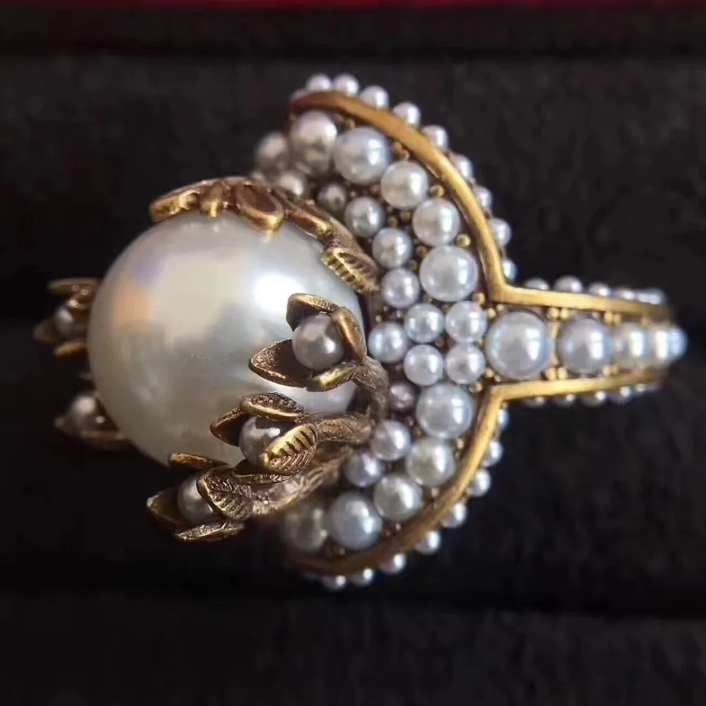 Brand design flower with glass pearl ring for women vintage style copper jewelry retro finger rings luxury brand fashion | Украшения и