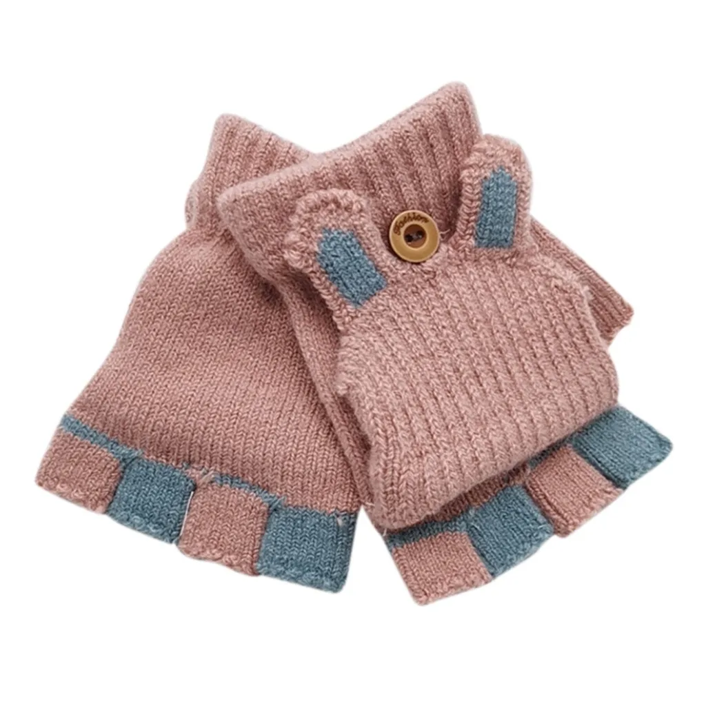 Детские зимние теплые вязаные перчатки-варежки без пальцев с откидной крышкой