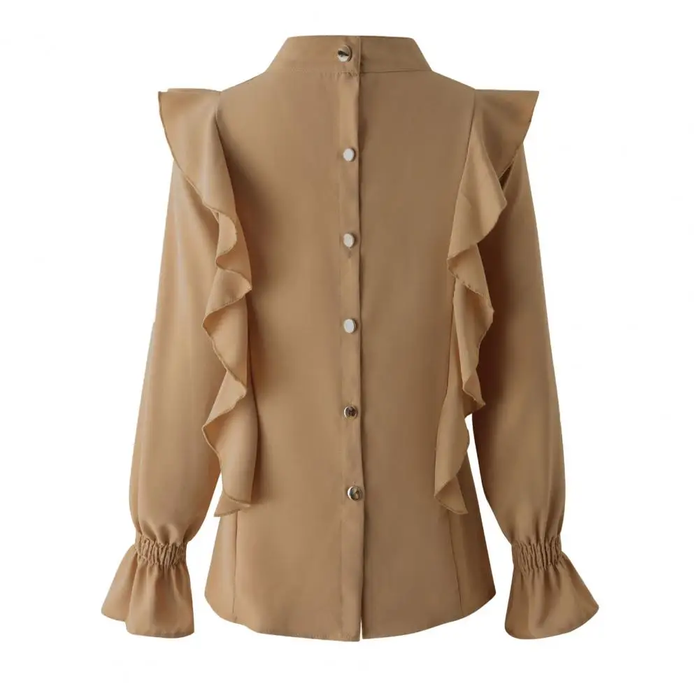

2021 Women Blouse Ruffled Stitching V-shaped Hollow Long Sleeve Shirts Base Tees Tops