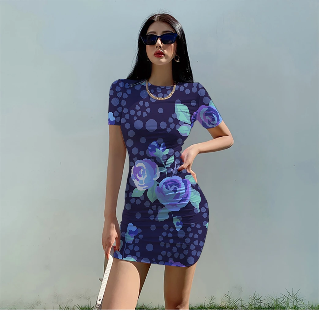 

3D printed slim round neck summer mini skirt women's sexy nightclub beach soft and comfortable flower coquettish nightdress