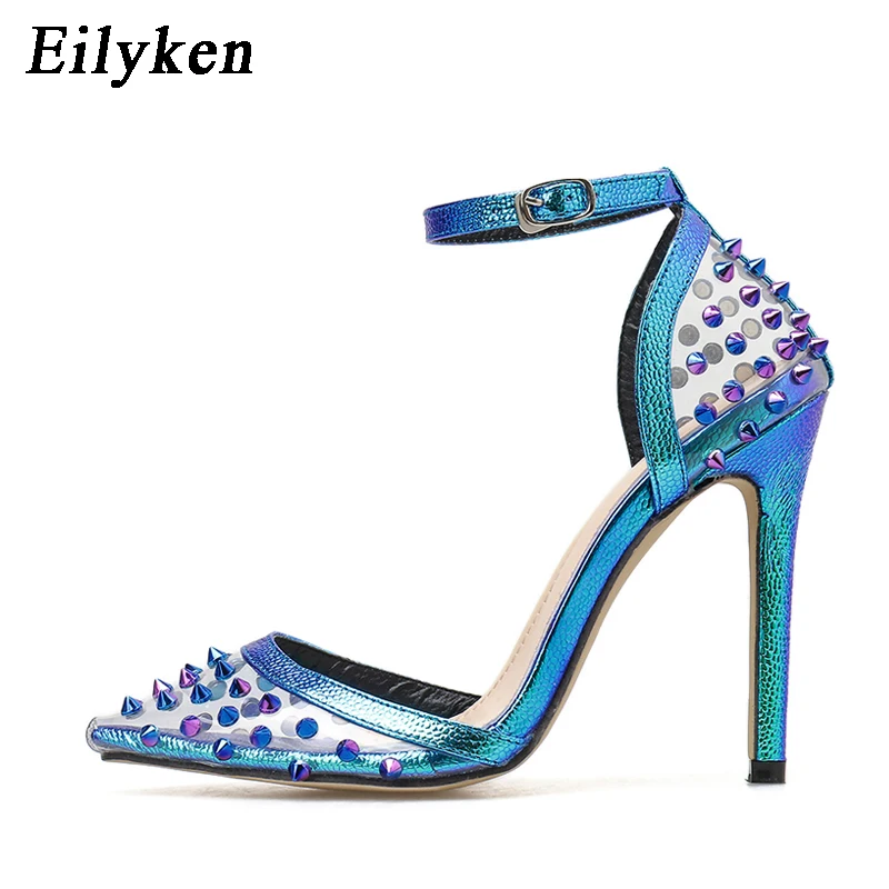 Eilyken; Новинка года; женские туфли-лодочки с ремешком и пряжкой на лодыжке; обувь для вечеринок; пикантные Модные женские босоножки на высоком каблуке с острым носком и заклепками из ПВХ