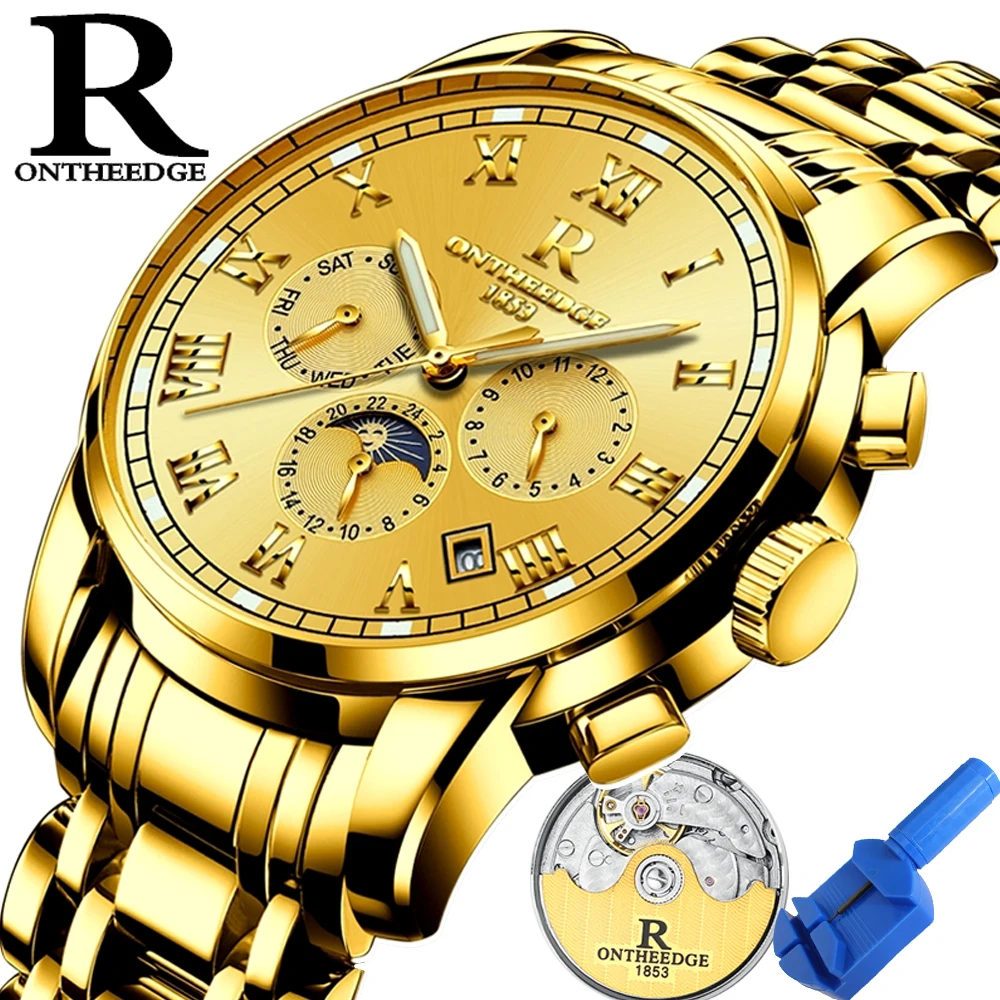 Ontheedge мужские часы автоматические золотые из нержавеющей стали