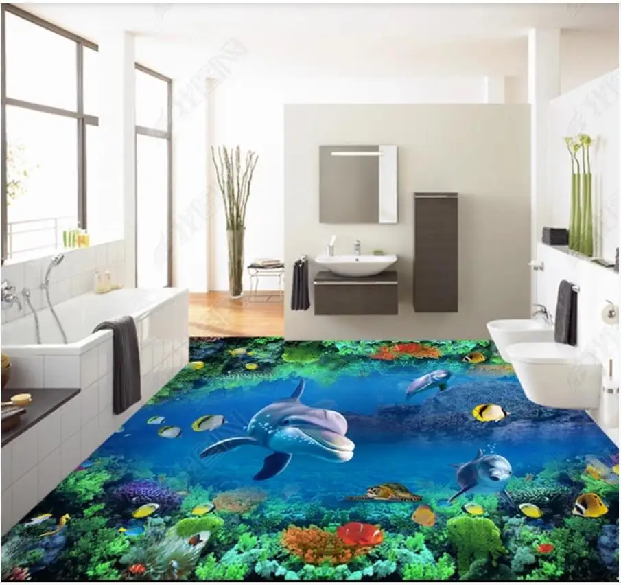 

Custom Picture Self-adhesive Flooring wallpapers Wall Sticker Underwater world coral fish dolphin 3D outdoor floor painting wall
