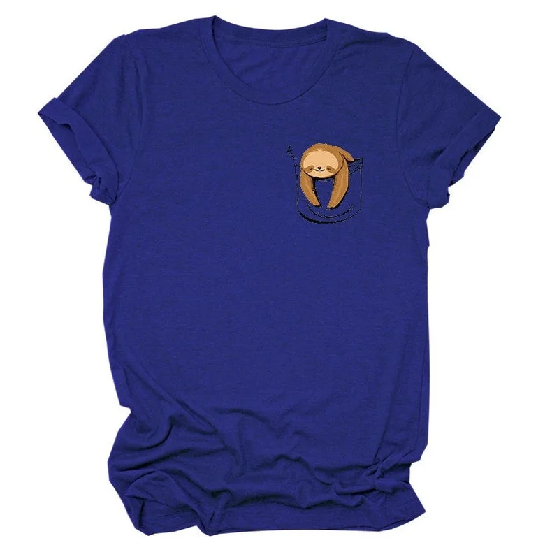 

Sloth Pocket Print Women T Shirt Short Sleeve O Neck Loose Women Tshirt Ladies Tee Shirt Tops Clothes Camisetas Mujer