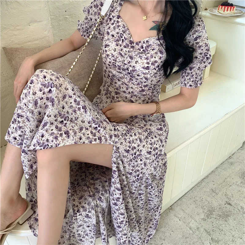 

French Ruffle White Dress Sexy Puff Sleeve Split Girl Summer Dress Elegant Chiffon Fairy Korean Dress Woman Prom Dress