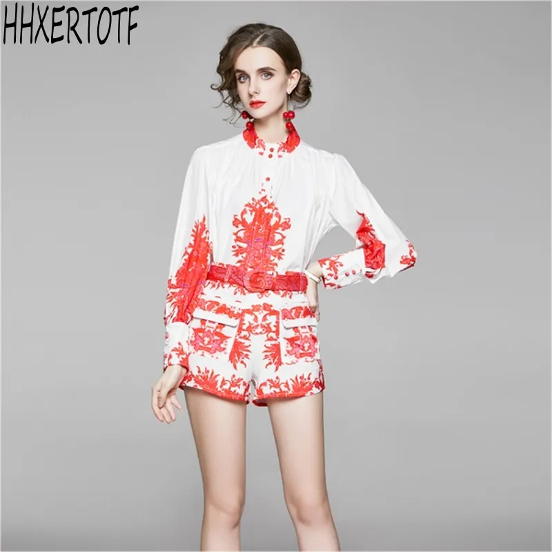 

spring autumn Print Shorts Set Women Stand collar Lantern Sleeve Shirts tops+ Pocket Belt Pant Set Female 2 Piece Set