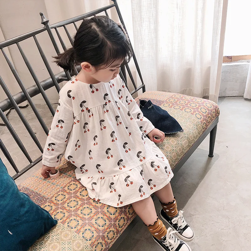 2022 autumn pure cotton cute cherry printed long sleeve princess dresses for girls children kids loose casual dress | Детская одежда и