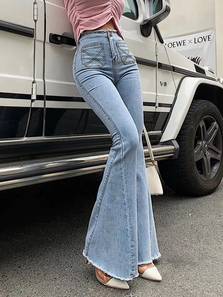 Небесно-голубые джинсы с высокой талией женские эластичные сексуальные джинсы-скинни модные Универсальные Длинные узкие расклешенные брю... от AliExpress RU&CIS NEW