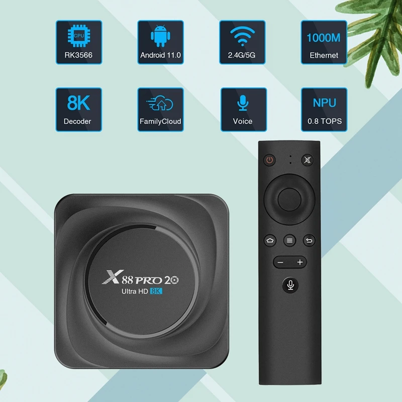 

AU42 -X88 PRO 20 TV Box RK3566 Quad-Core Android 11 Media Box 2.4G /5G WiFi Bluetooth 4.2 Set-Top Box