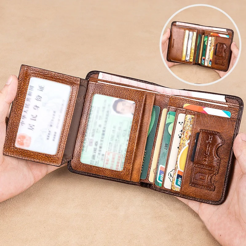 

New Genuine Leather Rfid Wallets for Men Vintage Thin Short Multi Function ID Credit Card Holder Money Bag