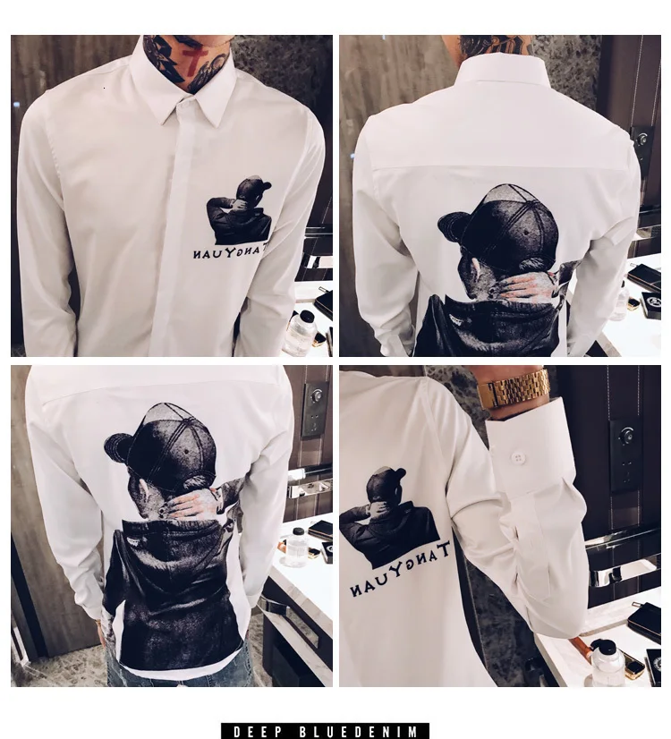 Осенняя мужская рубашка с принтом Camisa Hombre Повседневная приталенная рубашка Мужская Уличная рубашка Camisas Hombre черный смокинг для ночного клуба