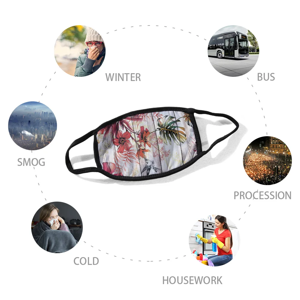 Cotton Dust Mask Vintage Wood Red Flowers Printed Face Warm Winter Dustproof Boys Girl Men Custom | Аксессуары для одежды