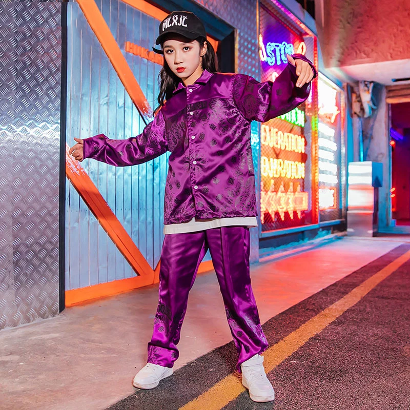 

Костюм в стиле хип-хоп детские фиолетовые топы и штаны сценический Костюм Уличная танцевальная одежда для выступлений детская одежда для д...