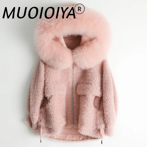 

Real Fur Coat Female Pink Fox Fur Hooded Sheep Shearing Jacket Women Clothes 2022 Korean Vintage 100% Wool Tops Hiver 968