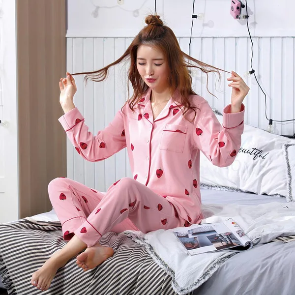 Pajamas Women's Spring Autumn New Lovely Home Clothes Long Sleeved Cardigan Lapel Loose Fashion Suit Female Sleepwear Nightwear