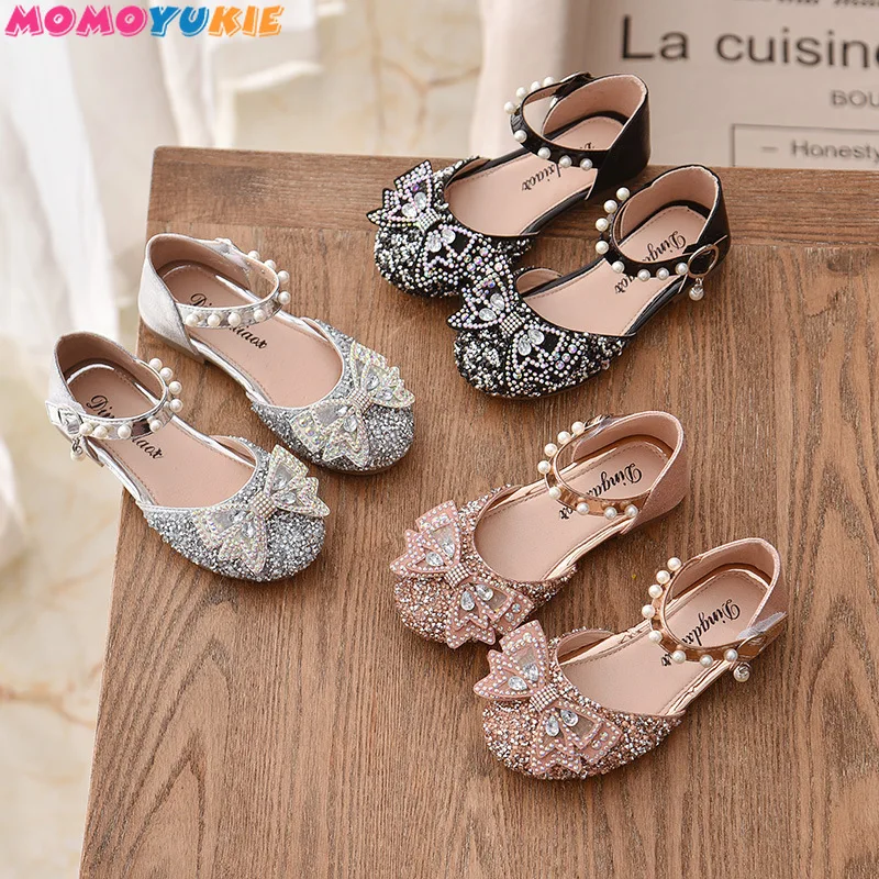 Zapatos con lazo de encaje de lentejuelas para ni&ntilde;as, zapatillas de baile de princesa con perlas bonitas, informales, para fiestas y bodas, 2021-1