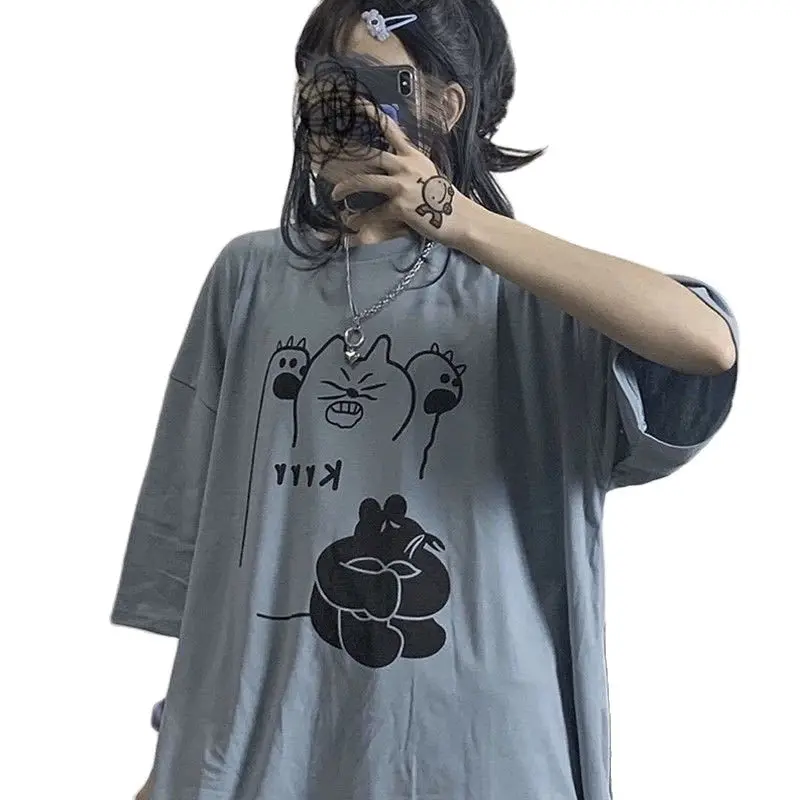 

T-Shirt Comic Oversized Loose Pullover Preppy Women Cute Clothes Summer Cotton White Tee Japanese Kawaii Girls Top Chic Cartoon