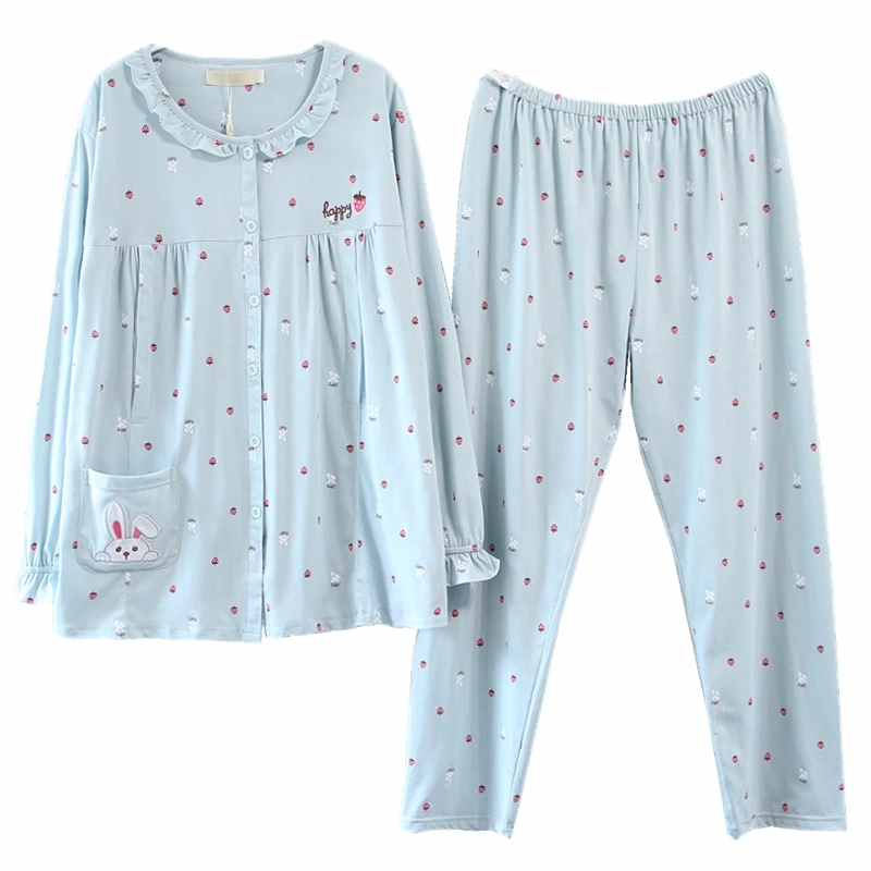 

Spring and Summer Ultra-Thin Pure Cotton Long Sleeve Fat Pregnant Women's Confinement Counter Feeding Nursing Pajamas Suit