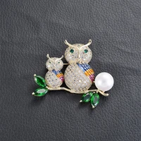 okily delicate gold color bird brooch for women dress scarf corsage cubic zircon owl brooches with pearl jewelry accessories