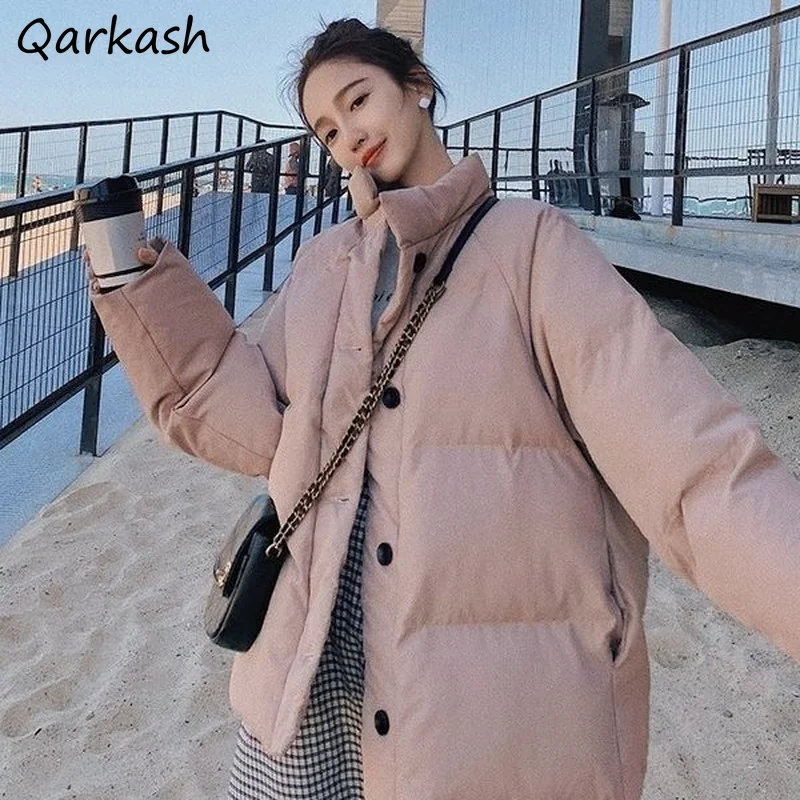 

Parkas Women New Winter Korean Style Loose Solid Button Stand Collar Ins Trendy Outwear Thick Harajuku High Street Ladies Simple