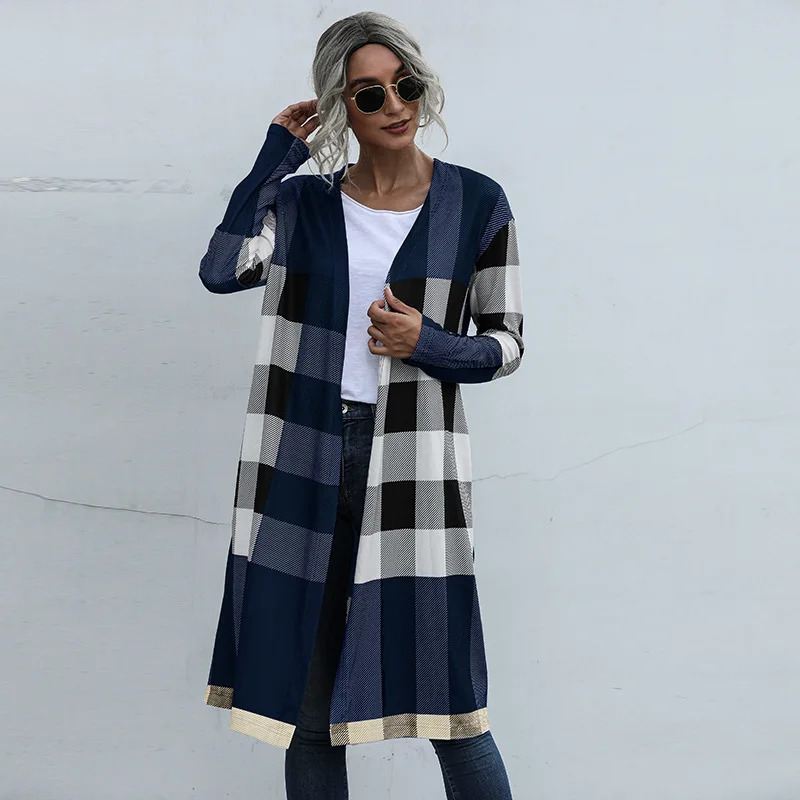 

Women's Plaid fashion buttonless cardigan coat
