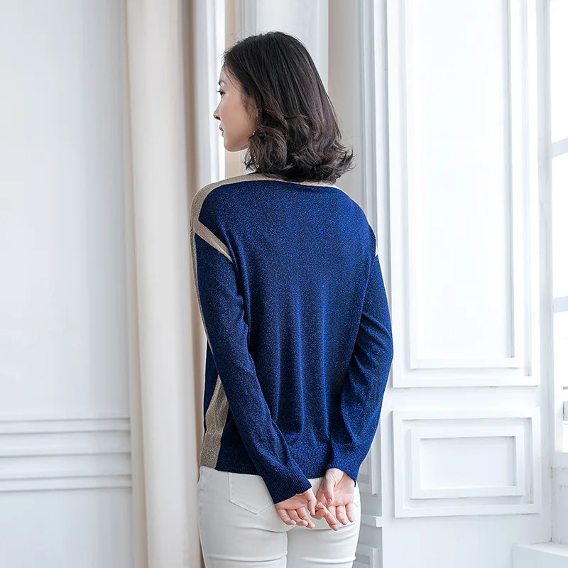 Женский трикотажный свитер в стиле пэчворк с круглым вырезом | Женская одежда