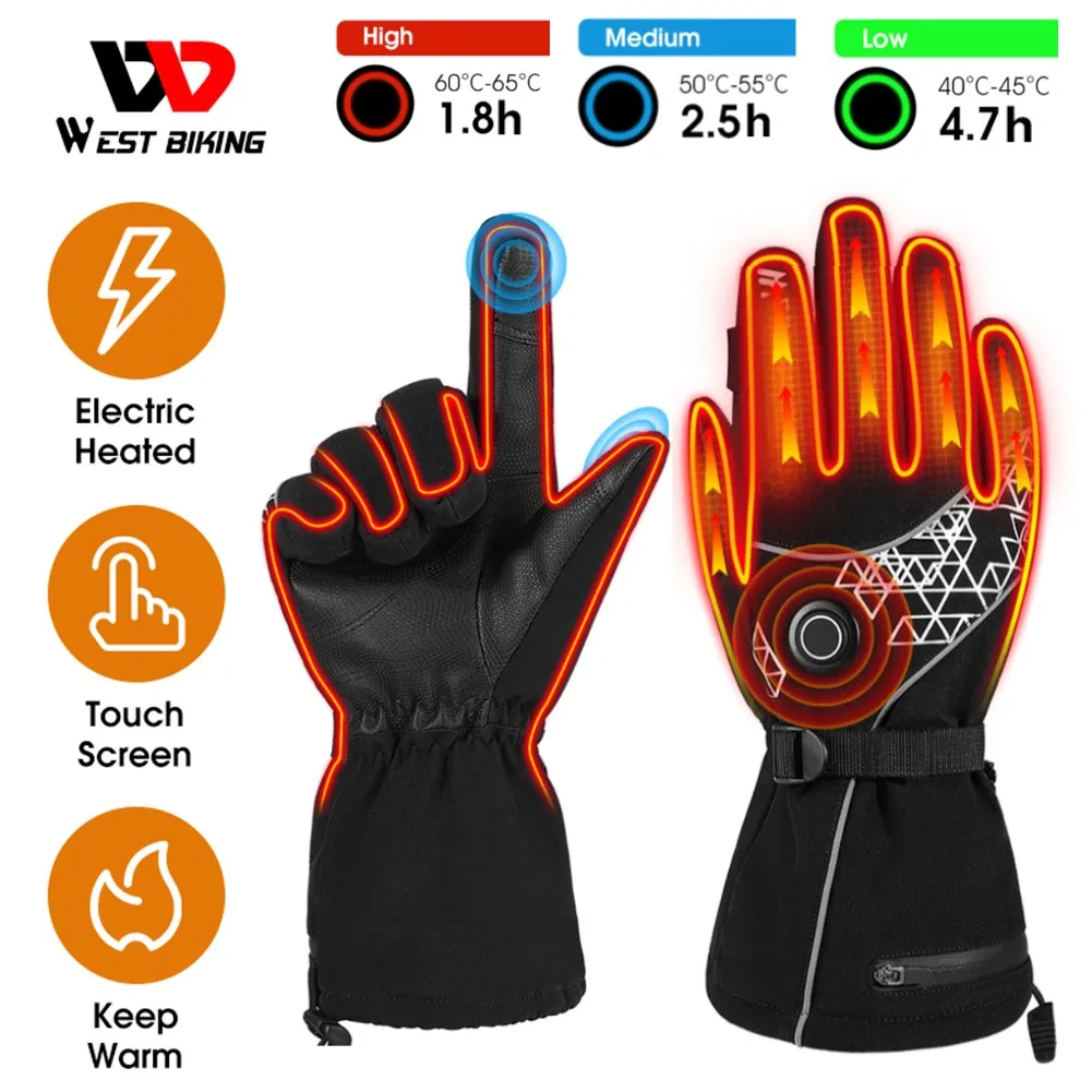 

WEST BIKING Winter USB Electric Heated Gloves Touch Screen Battery Powered Waterproof Hand Warmer For Motorcycle Cycling Skiing