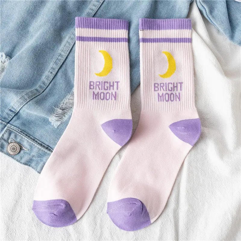 Beige Bright Moon INS/яркие носки с изображением Луны в Корейском стиле в стиле Харадзюку с забавными буквами; носки в стиле хип-хоп для скейтборда; спортивные носки; хипстерские летние носки - Цвет: Beige Bright Moon