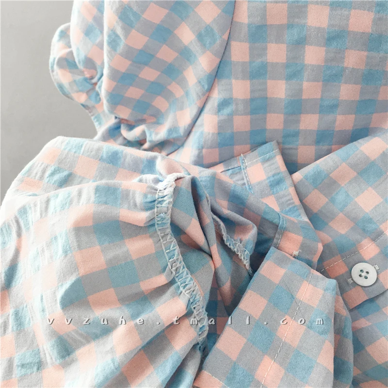 

French Square Collar Plaid Puff Sleeve Shirt Korean Style Fashion Ruffled Blouse Sweet Holiday Short Button-shaped Casual Shirt