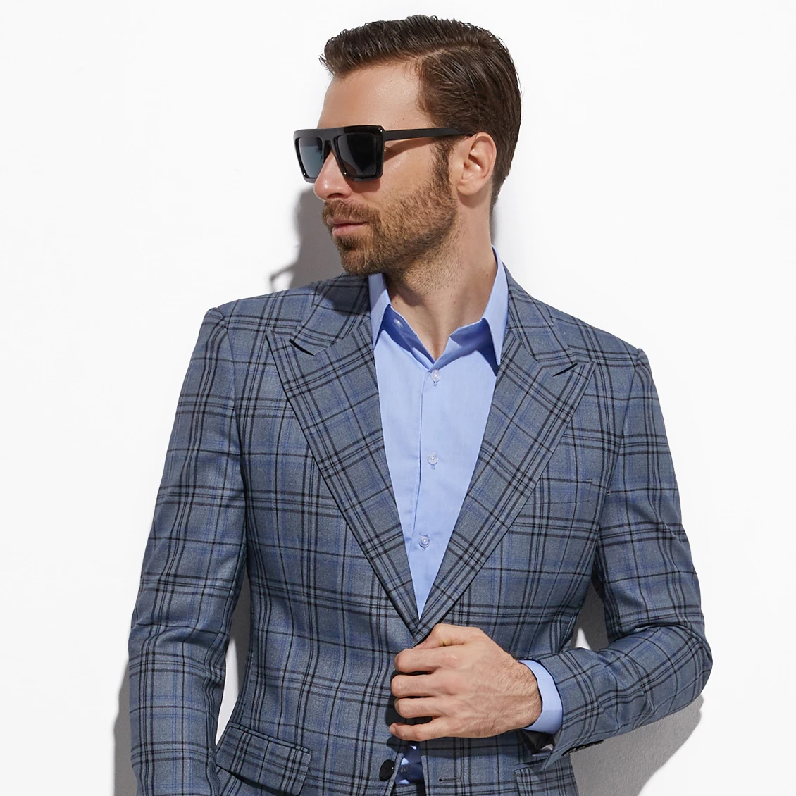 Модные синие серые клетчатые мужской костюм Индивидуальный заказ Slim Fit, в клетку, костюм из двух предметов Повседневное