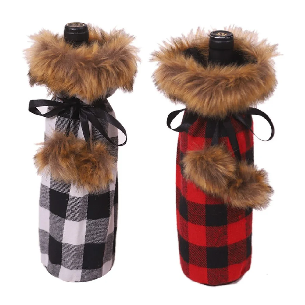 

6PCS Wine Bottle Bag Christmas Buffalo Plaid Wine Bottle Cover Cloth with Lanyards Party Merry Christmas Table Decor For Home