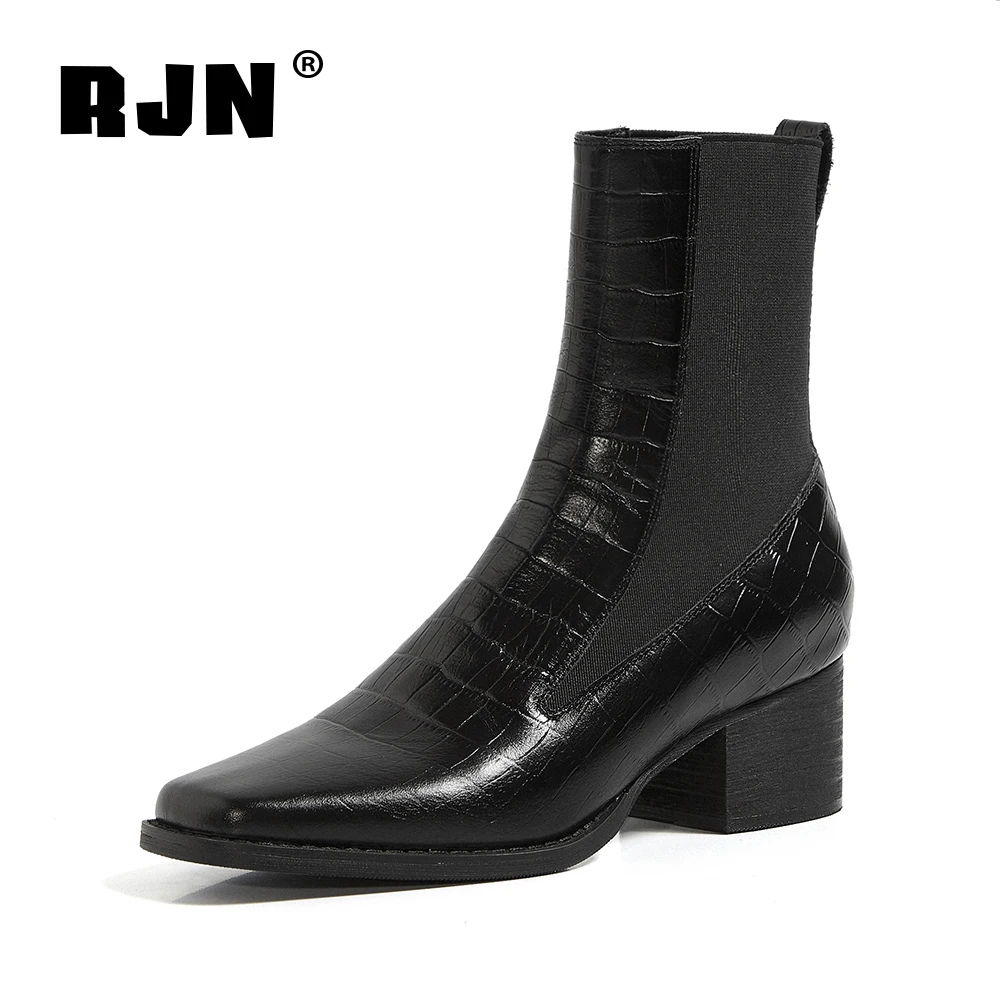 

RJN Autumn 2020 New Women's Boots Fashion Square Head Elastic Fabric Women's Ankle Boots Comfortable Handmade Basic Boots RO150