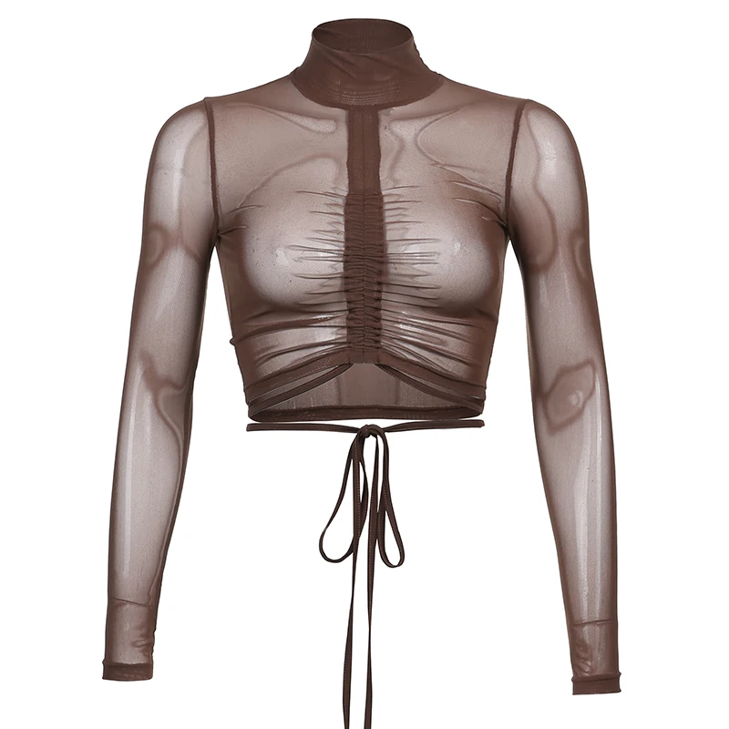 Коричневая футболка Rapcopter Y2K короткий топ с длинным рукавом водолазка рюшами