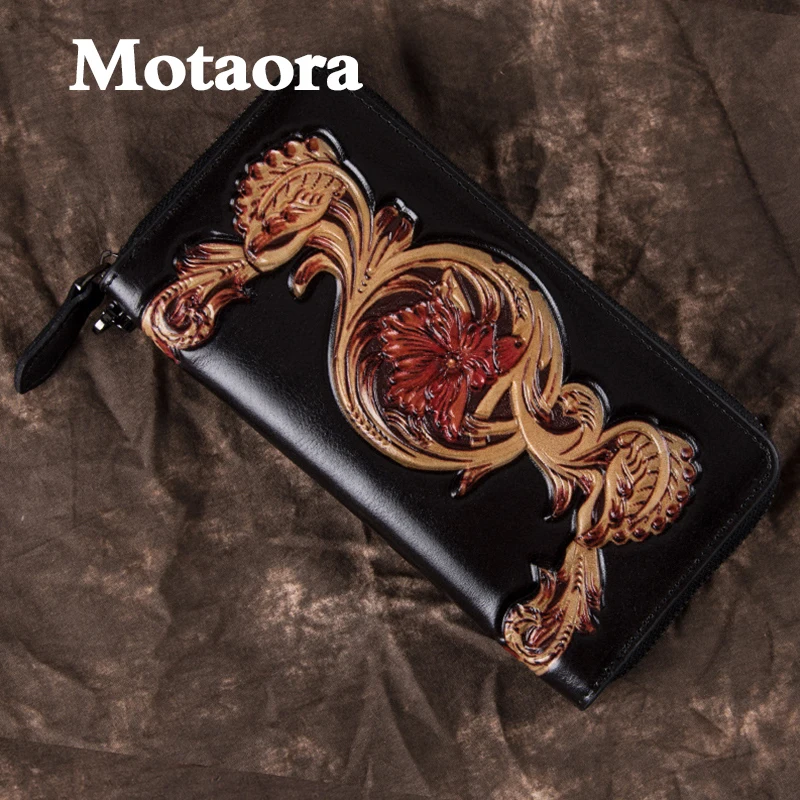 MOTAORA Man's Wallet Vintage Head Layer Cowhide Handbag Women Retro Phone Bags For Cash Idcard Bag Fashion Printing Zipper Purse