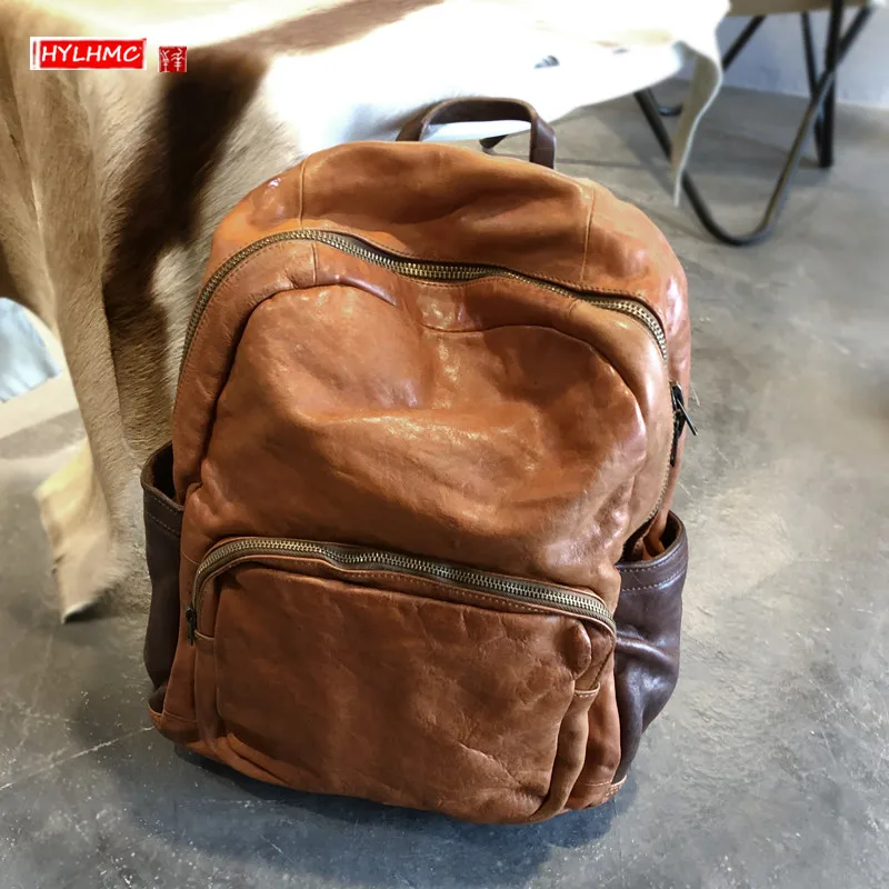 

HANSOMFY Thick Genuine Leather Men backpack large-capacity outdoor travel Backpacks Laptop bag retro Brown Coffee leather should