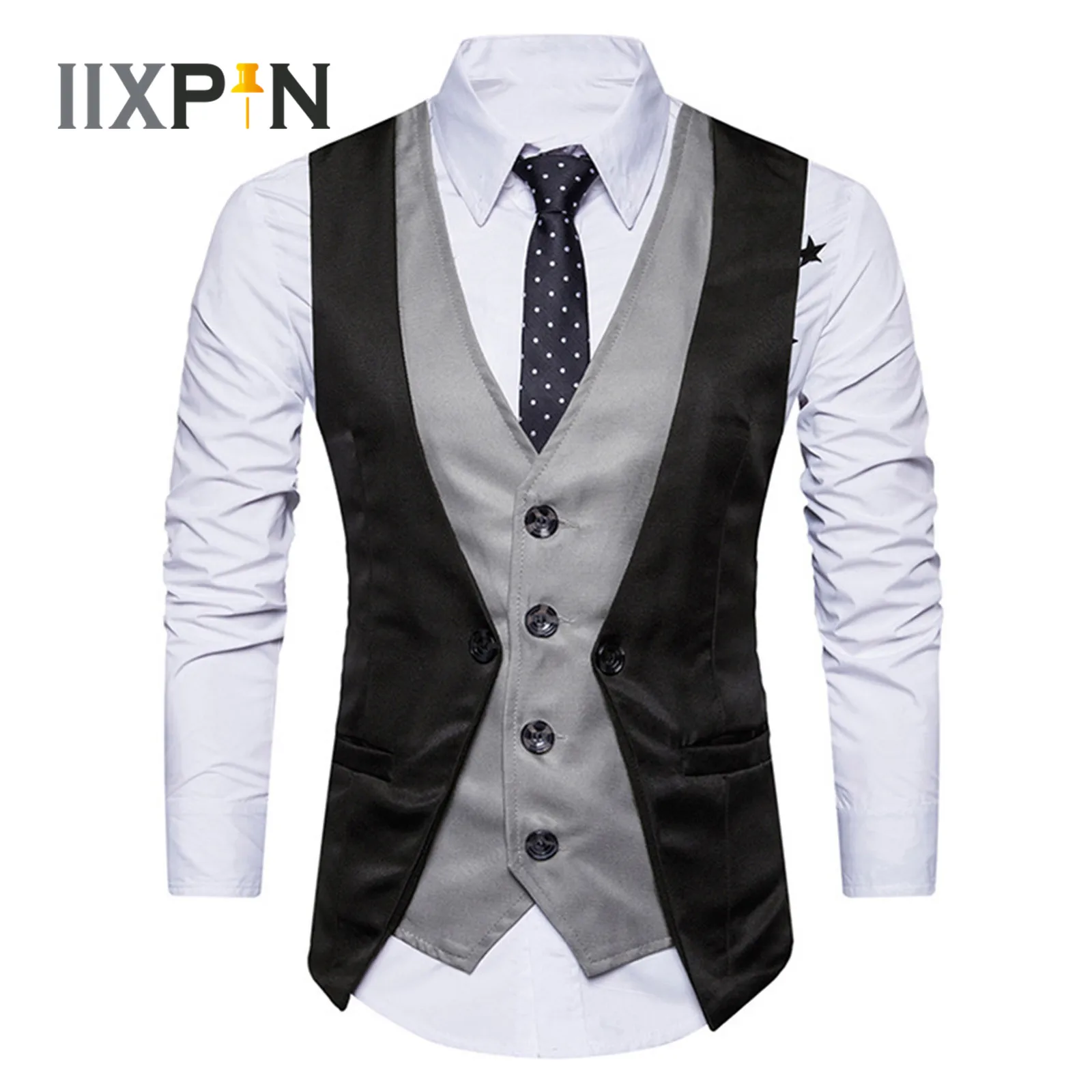 

Men Fashion Layered Vest V Neck Single-Breasted Dress Suit Vests Male Slim Fit Vest Formal Business Man Gentlemen Waistcoat