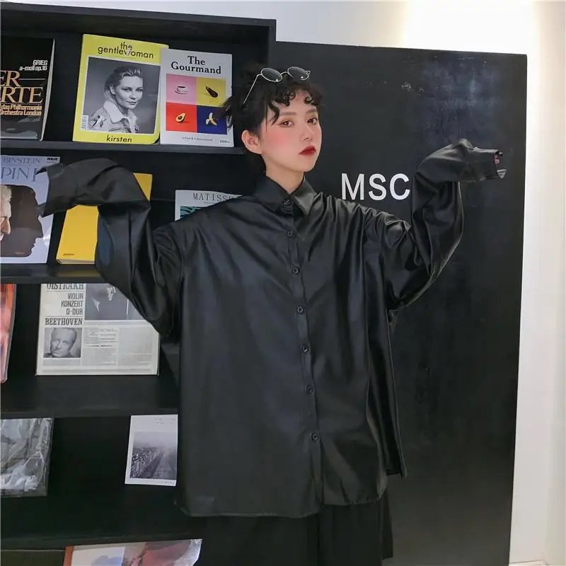 

Japanese Casual Loose Leather Moto Jacket Women Outerwear High Street Coat Chic Streetwear Long Sleeve Black Leather Top