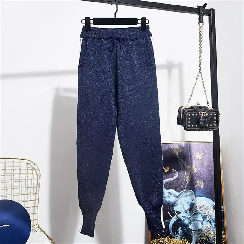 Fashion Turtleneck Sports Knitting Tracksuit Set Women Casual Loose Bright Wire Knitted Cardigan Long Pants Two Piece Female |