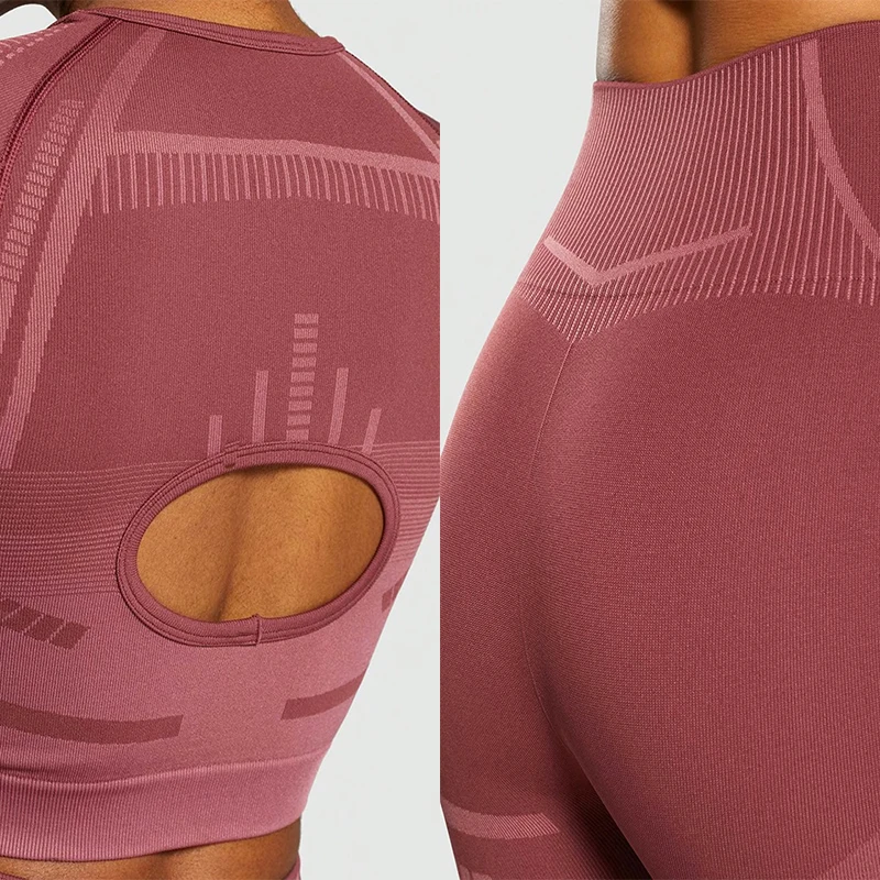 

CHRLEISURE Sports Suit Back Hollow Long Sleeve Yoga Set Elasticity Tight Stripe Tracksuit Women Push Up Gym Fitness Clothing