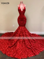 sexy backless red prom dresses gala long 2022 mermaid sequin halter flowers african black girls formal evening gown for wedding