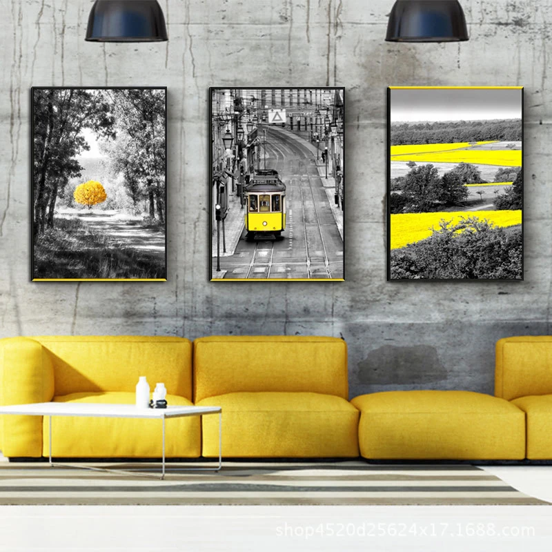 Скандинавский черный и желтый пейзаж Цветочное поле дерево промышленный стиль