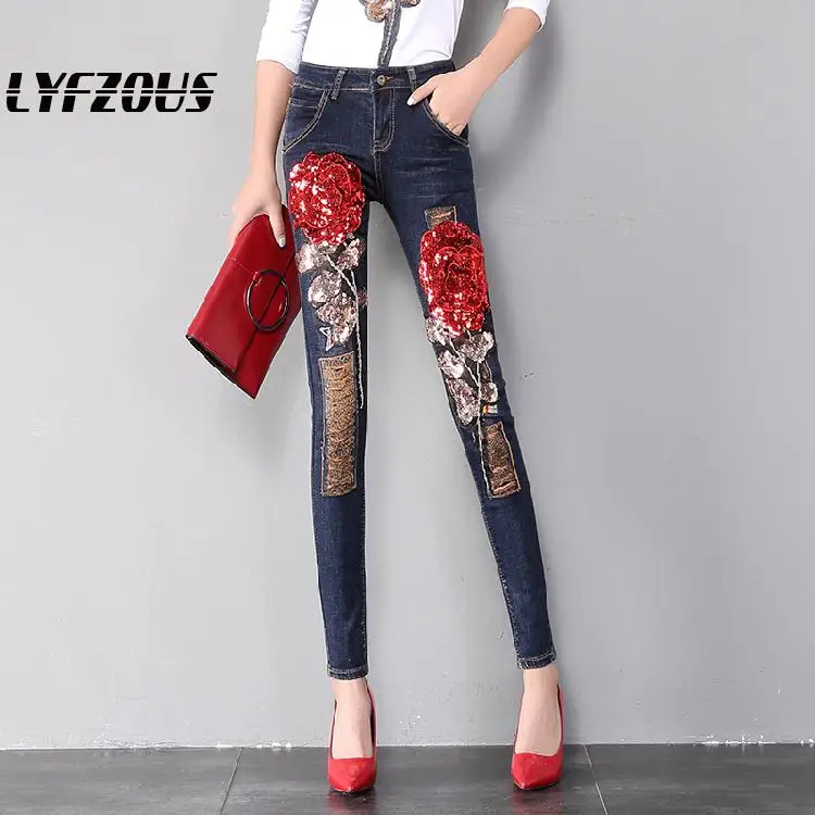 Женские джинсы с вышивкой и розами рваные узкие высокой талией бусинами брюки из