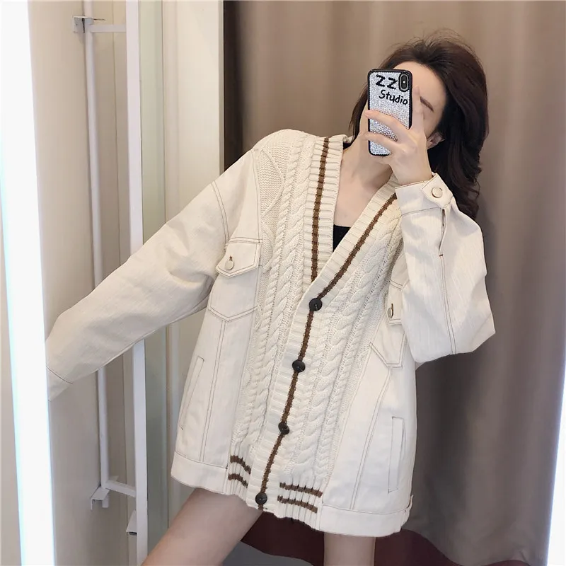 Женский Короткий трикотажный джинсовый свитер однобортная винтажная куртка с